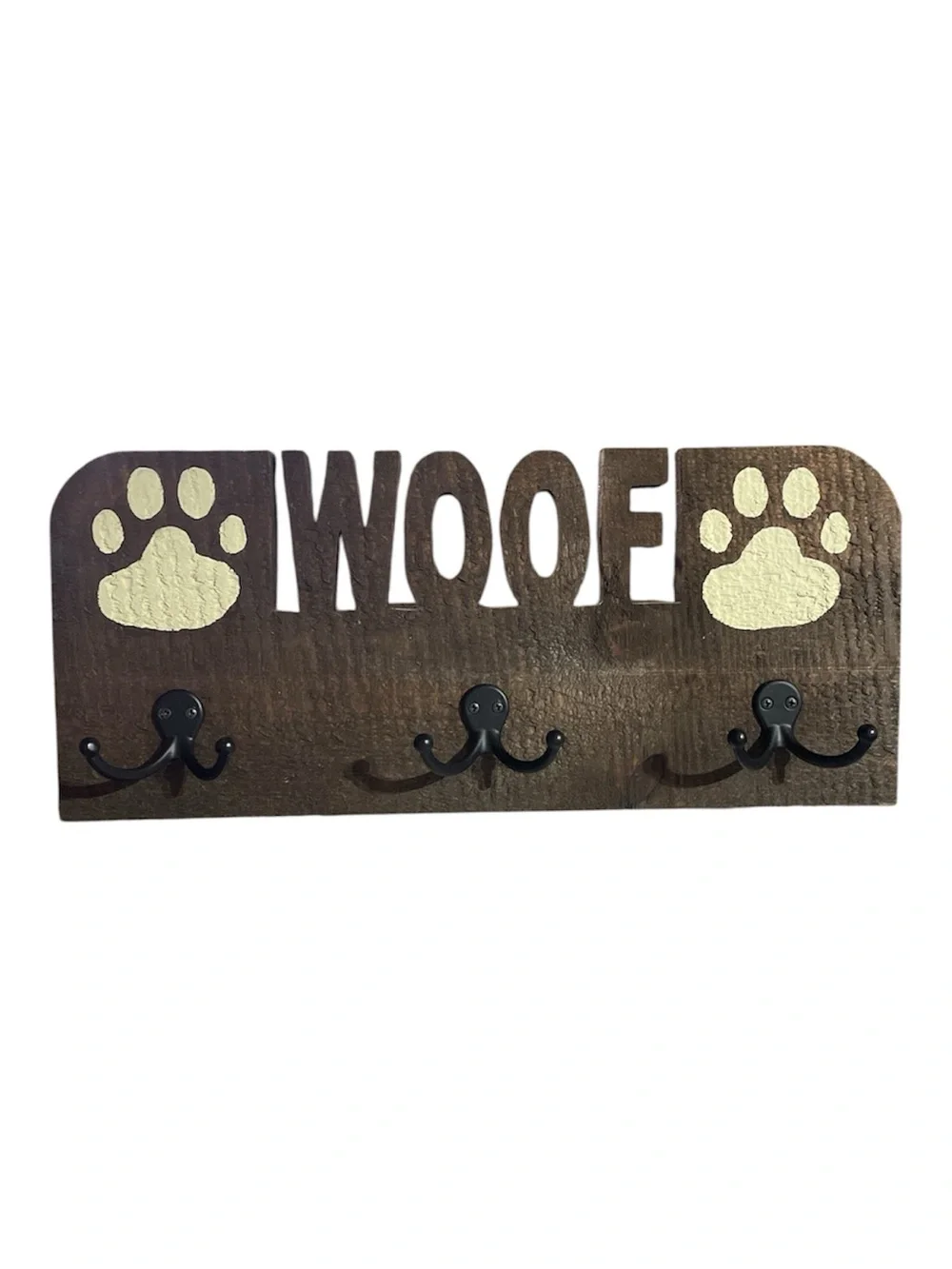 Wooden 'WOOF' Pet Leash and Key Rack - Brown with Cream Paw Prints
